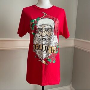 Holiday Time Santa Claus Believe T-Shirt Size Small Vibrant Red Top